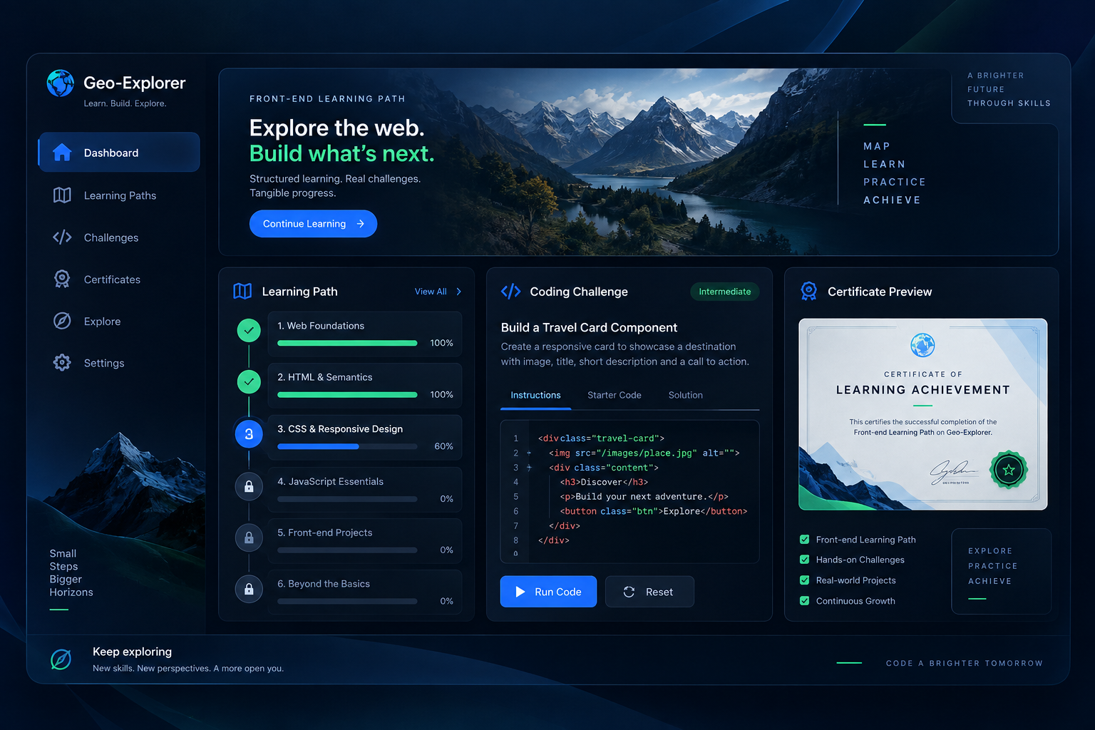 Interface do Geo-Explorer com trilhas de aprendizagem, desafios de programação e certificado demonstrativo